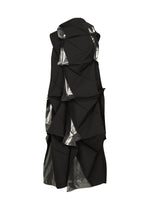 The No.1-1 dress by 132 5. ISSEY MIYAKE is a sleeveless black recycled polyester piece with bold layered folds and metallic silver accents, creating a sculptural pyramid silhouette.