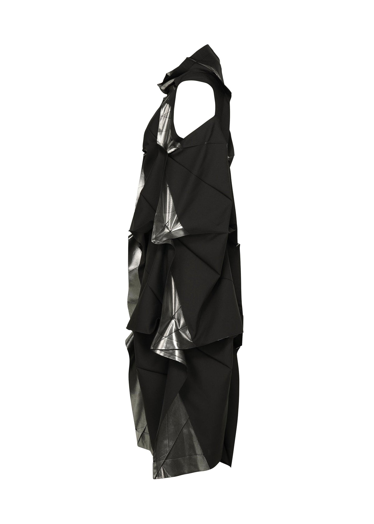 No.1-1 by 132 5. ISSEY MIYAKE is a sleeveless black recycled polyester dress with an asymmetrical, layered design, angular geometric folds, and metallic silver accents in a striking pyramid silhouette, shown on a white background. view 3 of 9