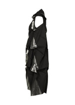 No.1-1 by 132 5. ISSEY MIYAKE is a sleeveless black recycled polyester dress with an asymmetrical, layered design, angular geometric folds, and metallic silver accents in a striking pyramid silhouette, shown on a white background.