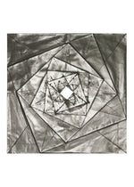 No.1-1 by 132 5. ISSEY MIYAKE showcases abstract geometric art with overlapping metallic triangles and rectangles in a spiral pattern, reflecting foil dress lines and converging to a diamond shape in monochromatic gray tones.