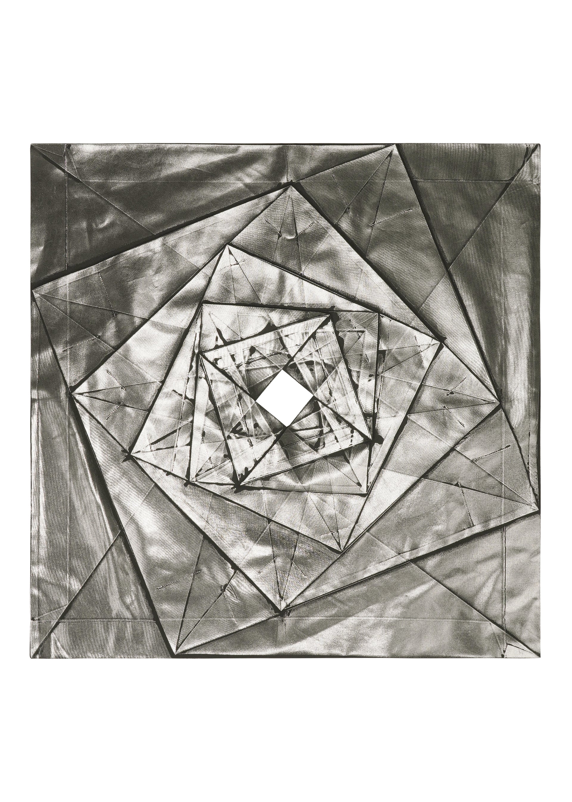 Zoomed view No.1-1 by 132 5. ISSEY MIYAKE showcases abstract geometric art with overlapping metallic triangles and rectangles in a spiral pattern, reflecting foil dress lines and converging to a diamond shape in monochromatic gray tones.