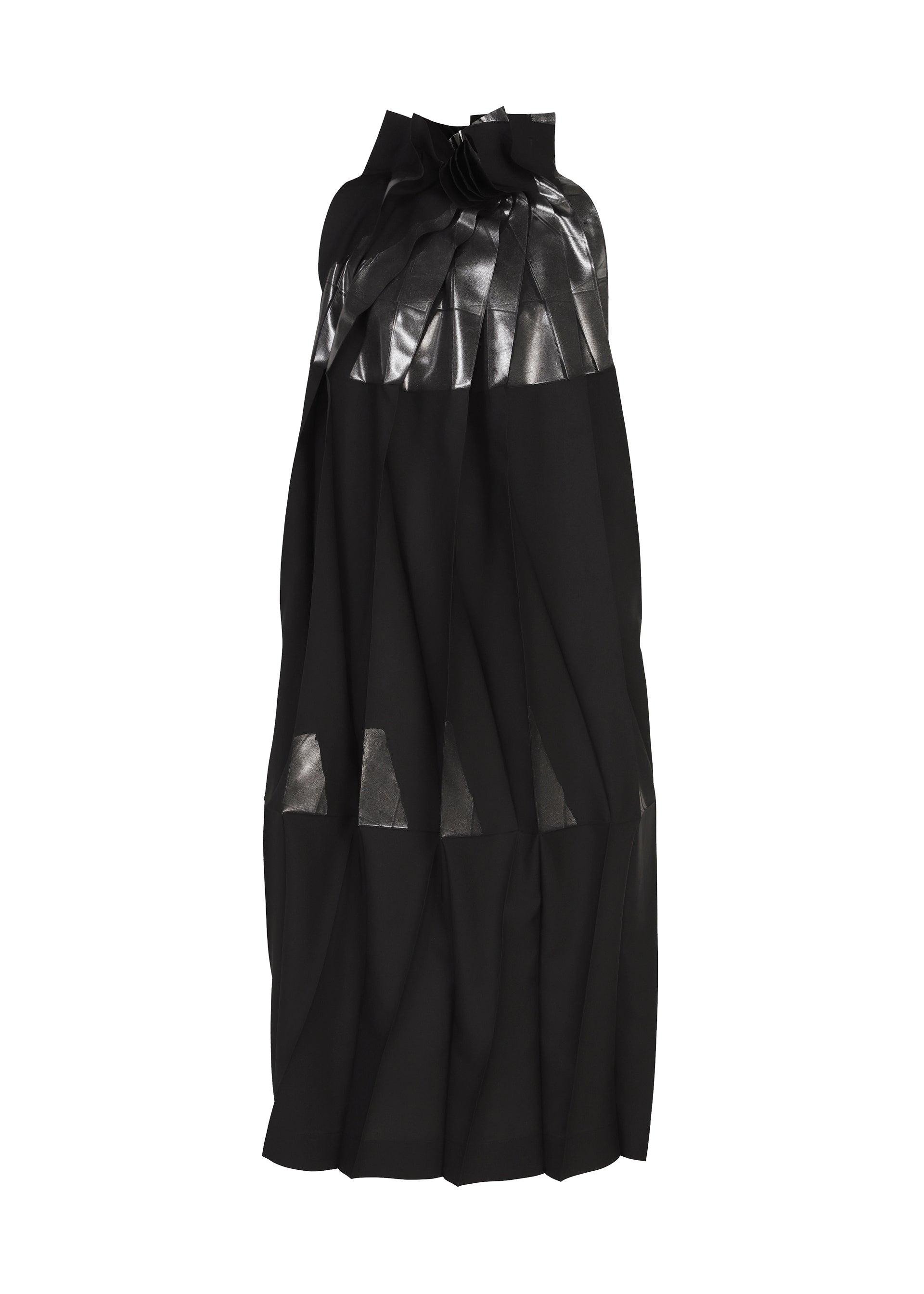 Zoomed view The No.3-2 dress by 132 5. ISSEY MIYAKE is a sleeveless black dress crafted from recycled polyester, featuring shiny, pleated detailing at the top and distinctive angular overlapping folds with geometric pleats running down the length of the fabric. - BLACK×SILVER （no.91）