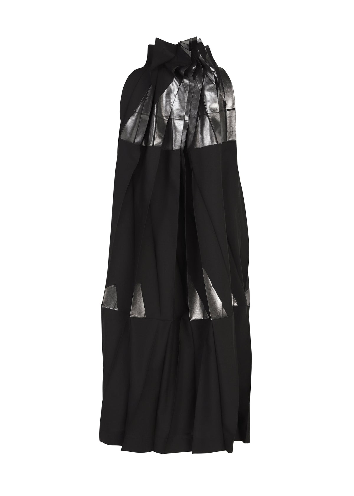 The No.3-2 dress by 132 5. ISSEY MIYAKE is a black sleeveless piece crafted from recycled polyester, featuring pleated overlapping folds and shiny metallic silver foil accents on the chest and near the hem, shown against a plain white background. view 2 of 10