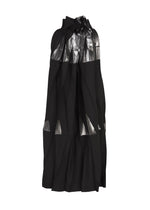 The No.3-2 dress by 132 5. ISSEY MIYAKE is a black sleeveless piece crafted from recycled polyester, featuring pleated overlapping folds and shiny metallic silver foil accents on the chest and near the hem, shown against a plain white background.