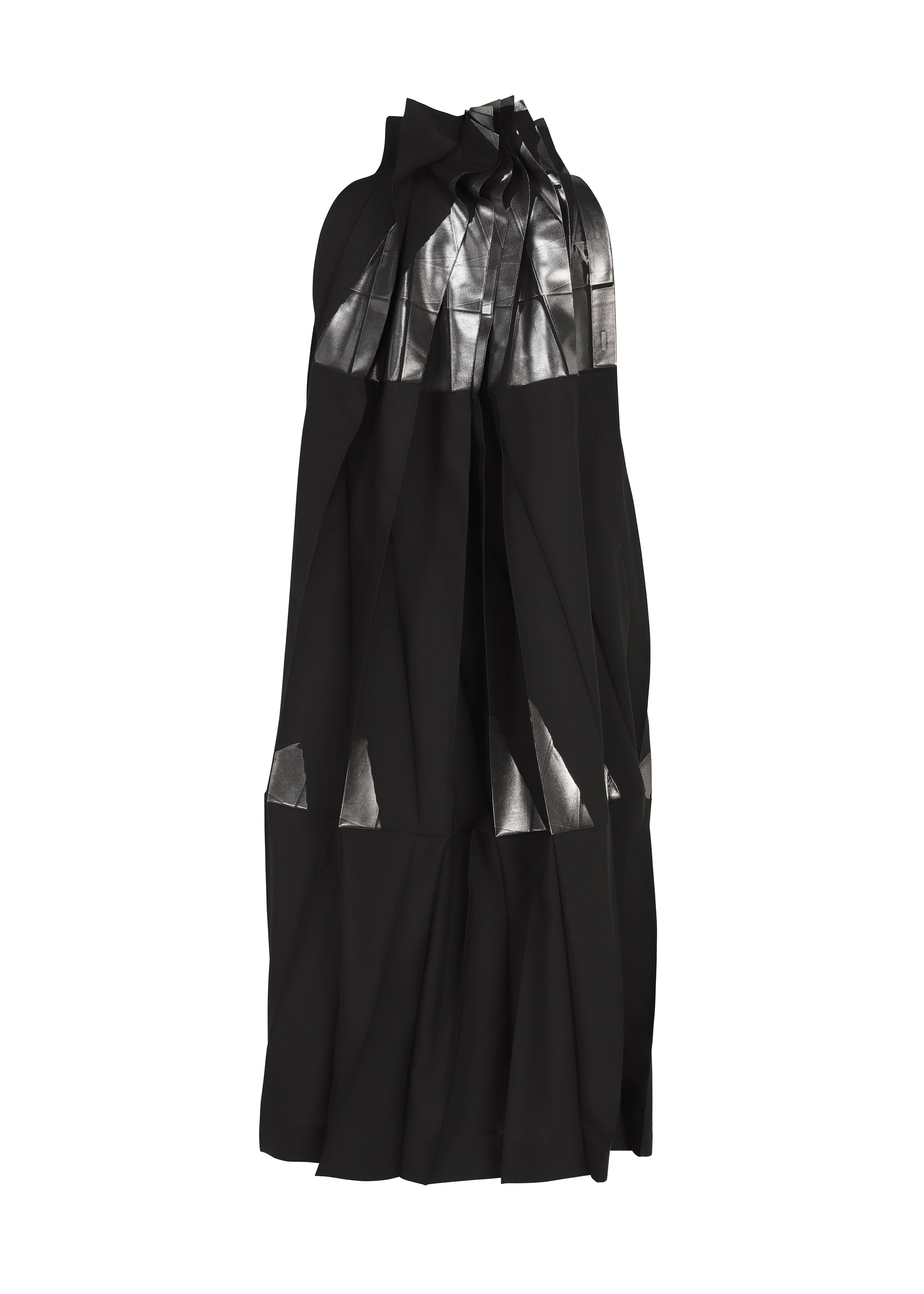 Zoomed view The No.3-2 dress by 132 5. ISSEY MIYAKE is a black sleeveless piece crafted from recycled polyester, featuring pleated overlapping folds and shiny metallic silver foil accents on the chest and near the hem, shown against a plain white background.