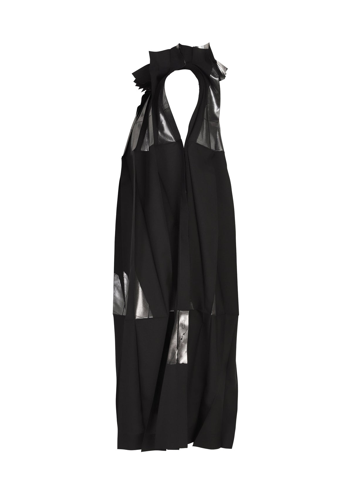 No.3-2 by 132 5. ISSEY MIYAKE is a sleeveless black dress crafted from recycled polyester, featuring a high neckline, cutout details, metallic foil sheen accents, and layered angular panels with overlapping folds for an avant-garde sculptural appearance. view 3 of 10