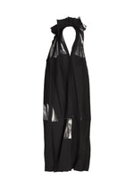 No.3-2 by 132 5. ISSEY MIYAKE is a sleeveless black dress crafted from recycled polyester, featuring a high neckline, cutout details, metallic foil sheen accents, and layered angular panels with overlapping folds for an avant-garde sculptural appearance.