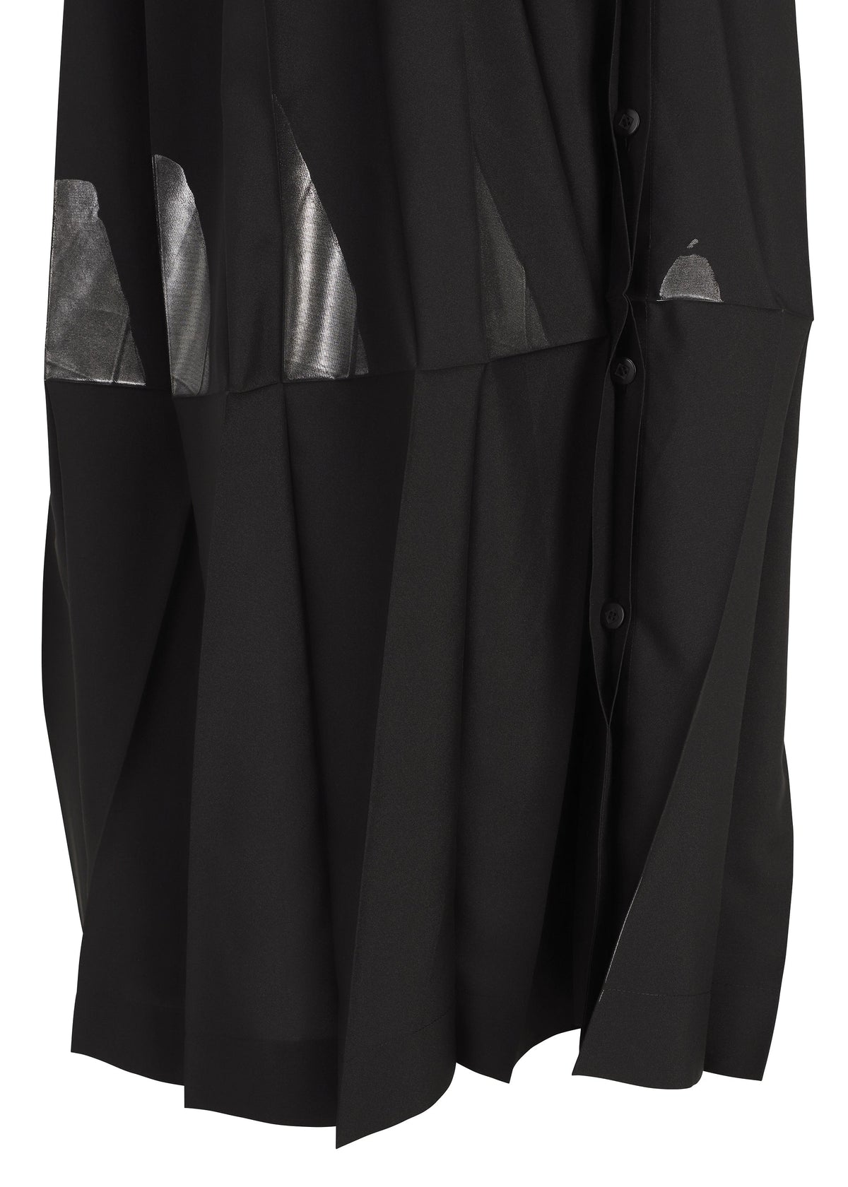 No.3-2 by 132 5. ISSEY MIYAKE is a black pleated skirt with overlapping folds, accented by shiny silver geometric patches and side buttons. view 5 of 10