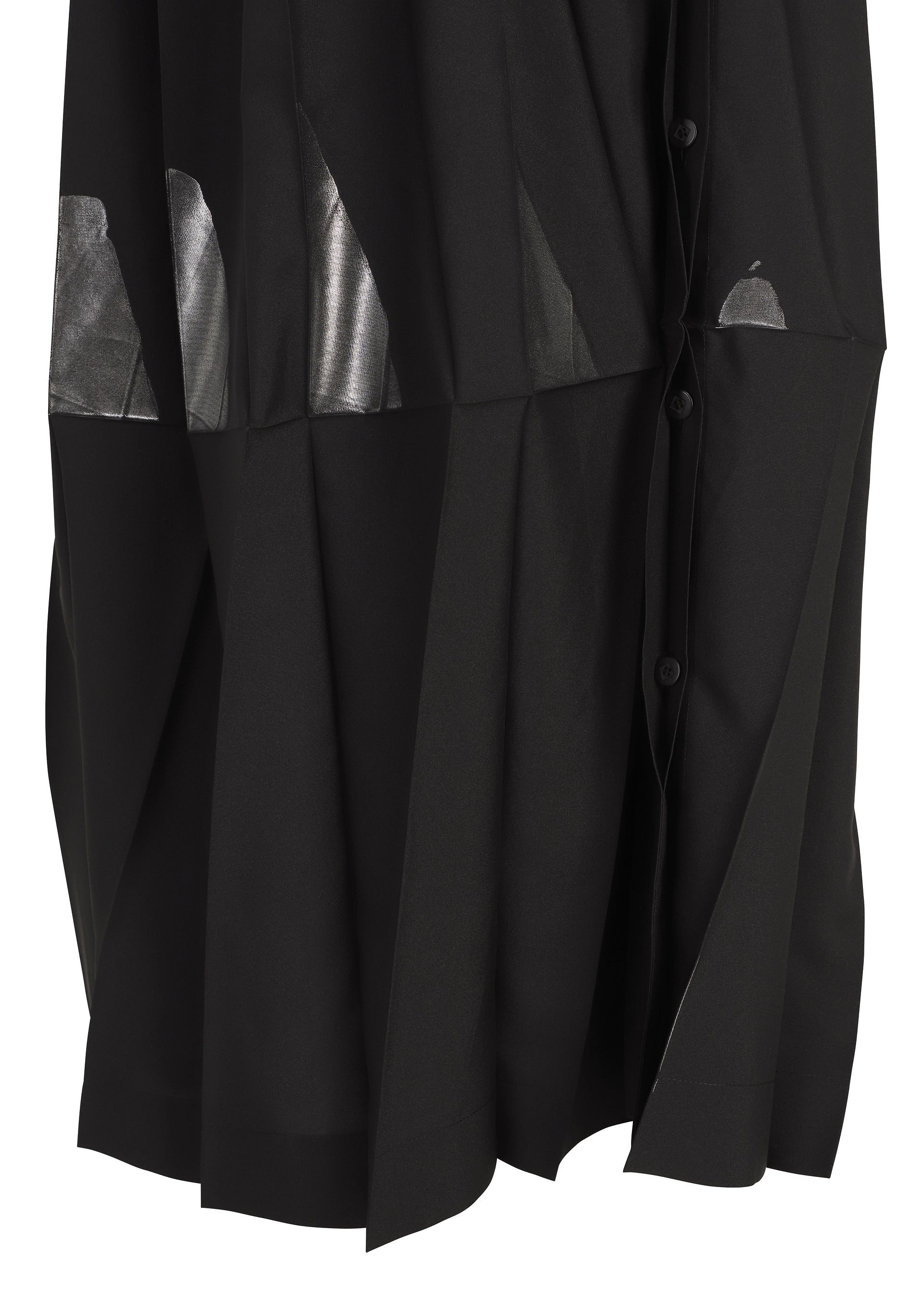 Zoomed view No.3-2 by 132 5. ISSEY MIYAKE is a black pleated skirt with overlapping folds, accented by shiny silver geometric patches and side buttons.