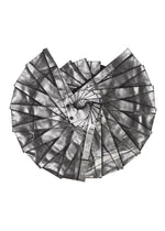 A metal spiral staircase viewed from above creates a nautilus shell-like pattern, its rectangular steps and visible texture reminiscent of the overlapping folds found in the 132 5. ISSEY MIYAKE No.3-2 recycled polyester dress.
