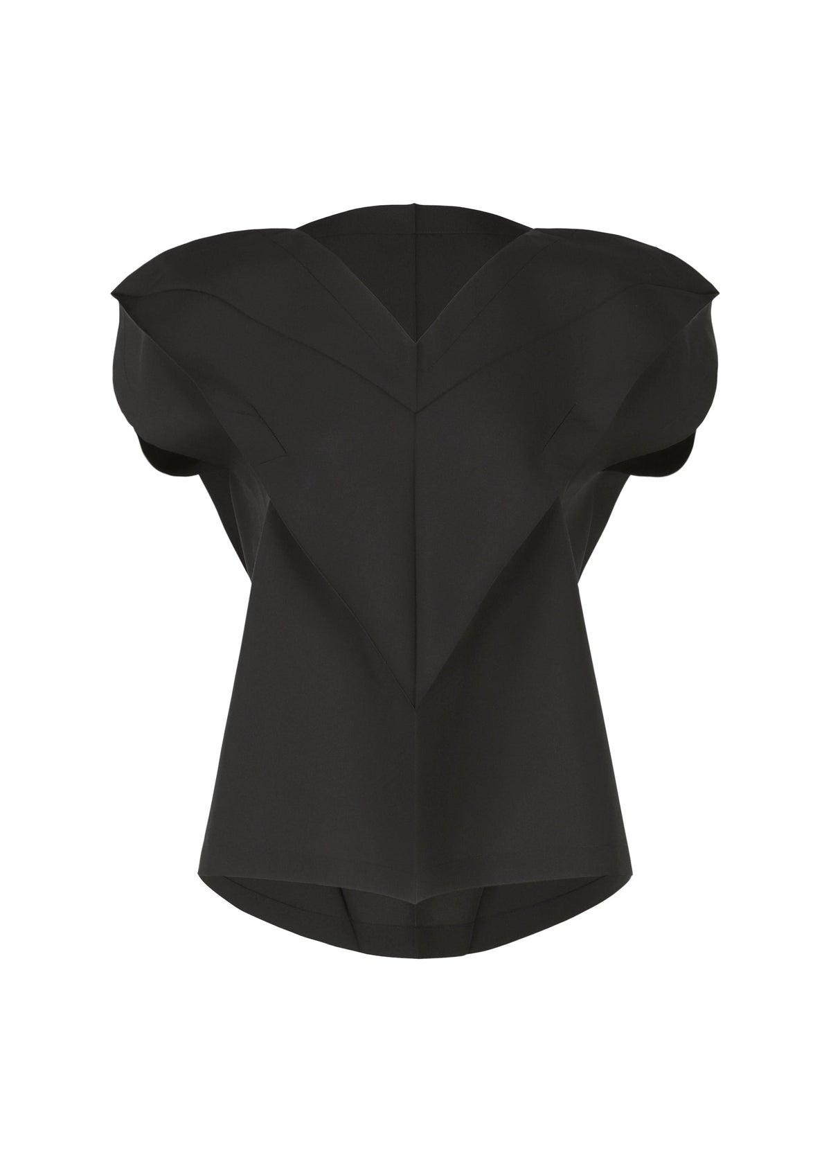 The F-SH-1 by 132 5. ISSEY MIYAKE is a black, structured short-sleeved shirt made from recycled polyester, featuring pointed shoulders and angular geometric lines for a futuristic look. Shown against a plain white background. view 2 of 8