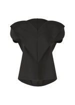 The F-SH-1 by 132 5. ISSEY MIYAKE is a black, structured short-sleeved shirt made from recycled polyester, featuring pointed shoulders and angular geometric lines for a futuristic look. Shown against a plain white background. - BLACK （no.15）
