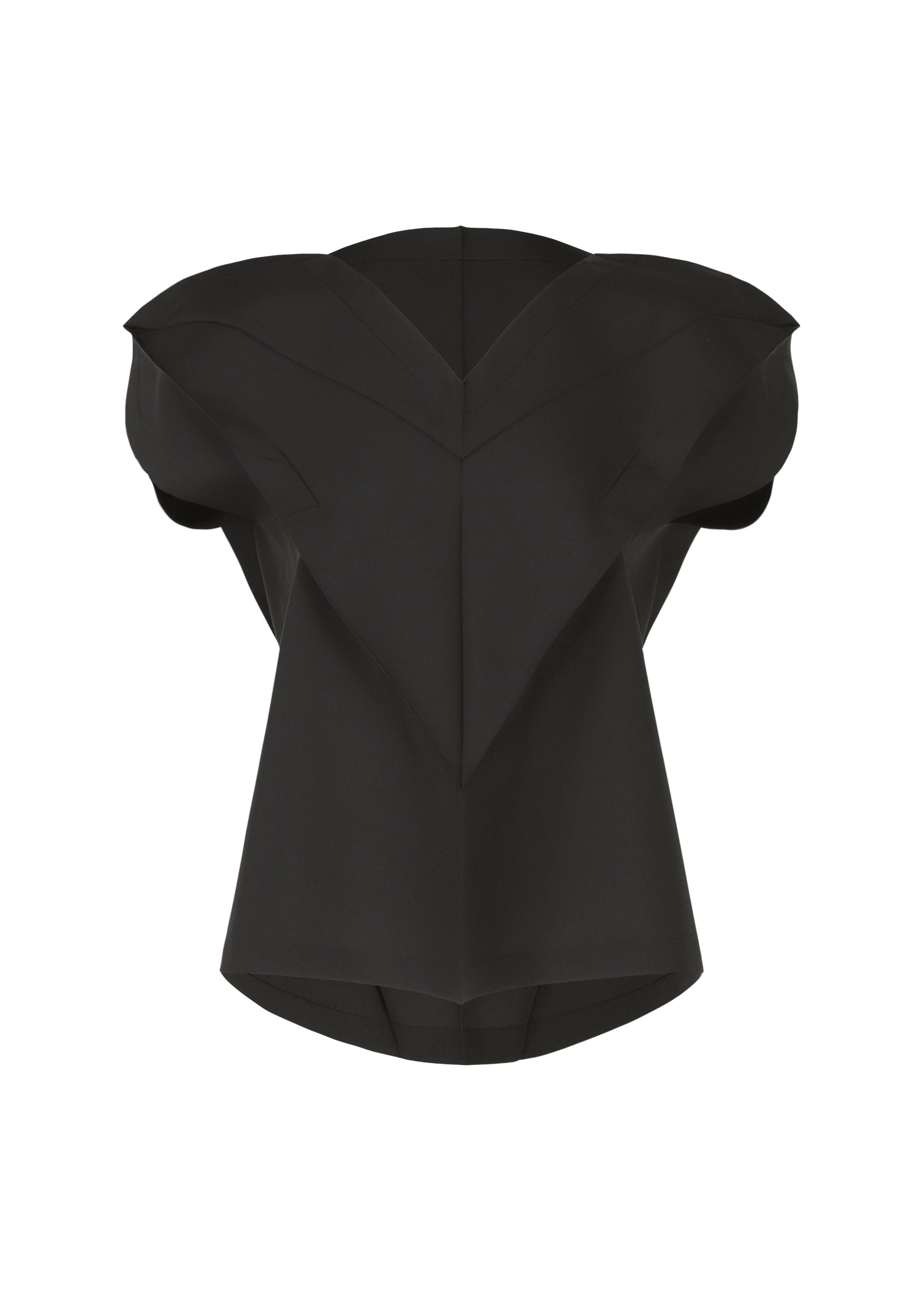 Zoomed view The F-SH-1 by 132 5. ISSEY MIYAKE is a black, structured short-sleeved shirt made from recycled polyester, featuring pointed shoulders and angular geometric lines for a futuristic look. Shown against a plain white background. - BLACK （no.15）