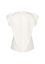 The F-SH-1 by 132 5. ISSEY MIYAKE is a structured white short-sleeve shirt with an angular sculptural design and a unique pointed back flare, shown against a plain white background.