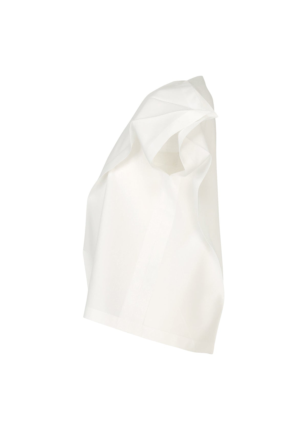 The F-SH-1 by 132 5. ISSEY MIYAKE is a white, asymmetrical sleeveless shirt featuring folding techniques and draped fabric details, shown against a plain white background. view 4 of 8