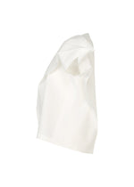 The F-SH-1 by 132 5. ISSEY MIYAKE is a white, asymmetrical sleeveless shirt featuring folding techniques and draped fabric details, shown against a plain white background.