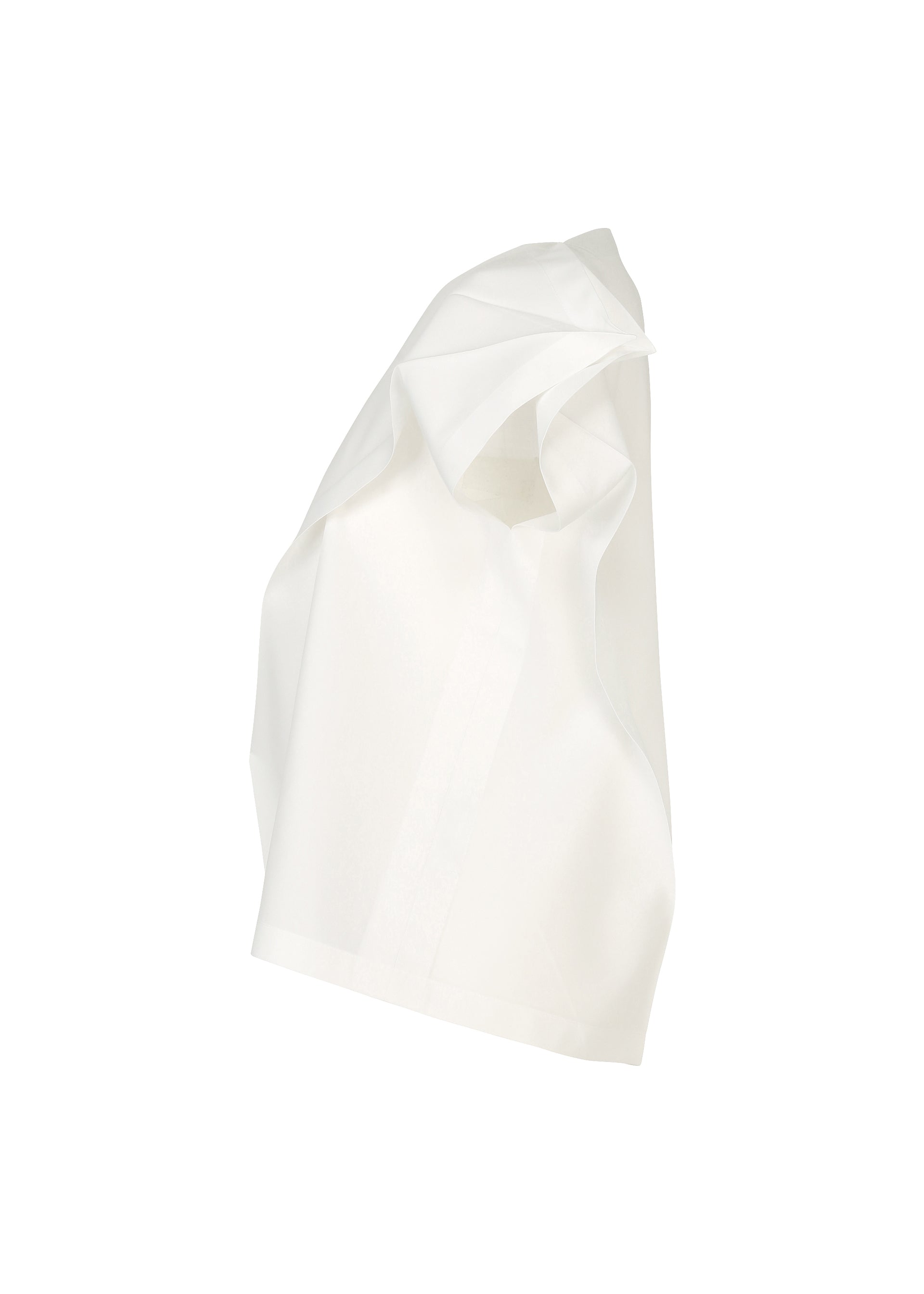 Zoomed view The F-SH-1 by 132 5. ISSEY MIYAKE is a white, asymmetrical sleeveless shirt featuring folding techniques and draped fabric details, shown against a plain white background.