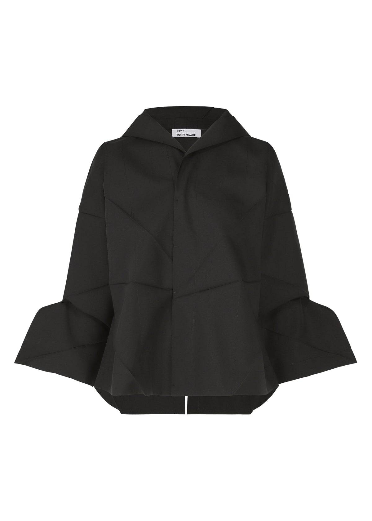 The F-SH-1 by 132 5. ISSEY MIYAKE is a black, long-sleeved jacket with a geometric design in recycled polyester, wide flared cuffs, and a pointed collar—shown against a plain white background. view 2 of 8