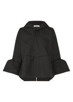 The F-SH-1 by 132 5. ISSEY MIYAKE is a black, long-sleeved jacket with a geometric design in recycled polyester, wide flared cuffs, and a pointed collar—shown against a plain white background. - BLACK （no.15）