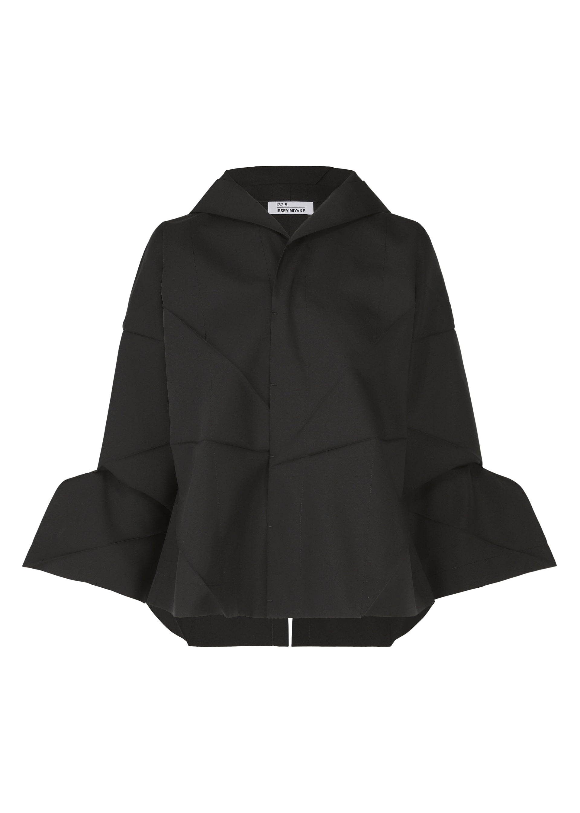 Zoomed view The F-SH-1 by 132 5. ISSEY MIYAKE is a black, long-sleeved jacket with a geometric design in recycled polyester, wide flared cuffs, and a pointed collar—shown against a plain white background. - BLACK （no.15）