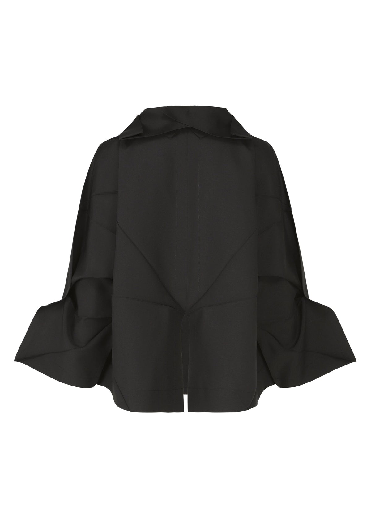 The F-SH-1 by 132 5. ISSEY MIYAKE is a black, structured oversized cape with wide angular sleeves and a high collar, crafted from stiff recycled polyester for a sculptural, architectural effect; shown against a white background. view 3 of 8