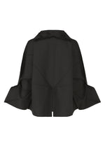 The F-SH-1 by 132 5. ISSEY MIYAKE is a black, structured oversized cape with wide angular sleeves and a high collar, crafted from stiff recycled polyester for a sculptural, architectural effect; shown against a white background.