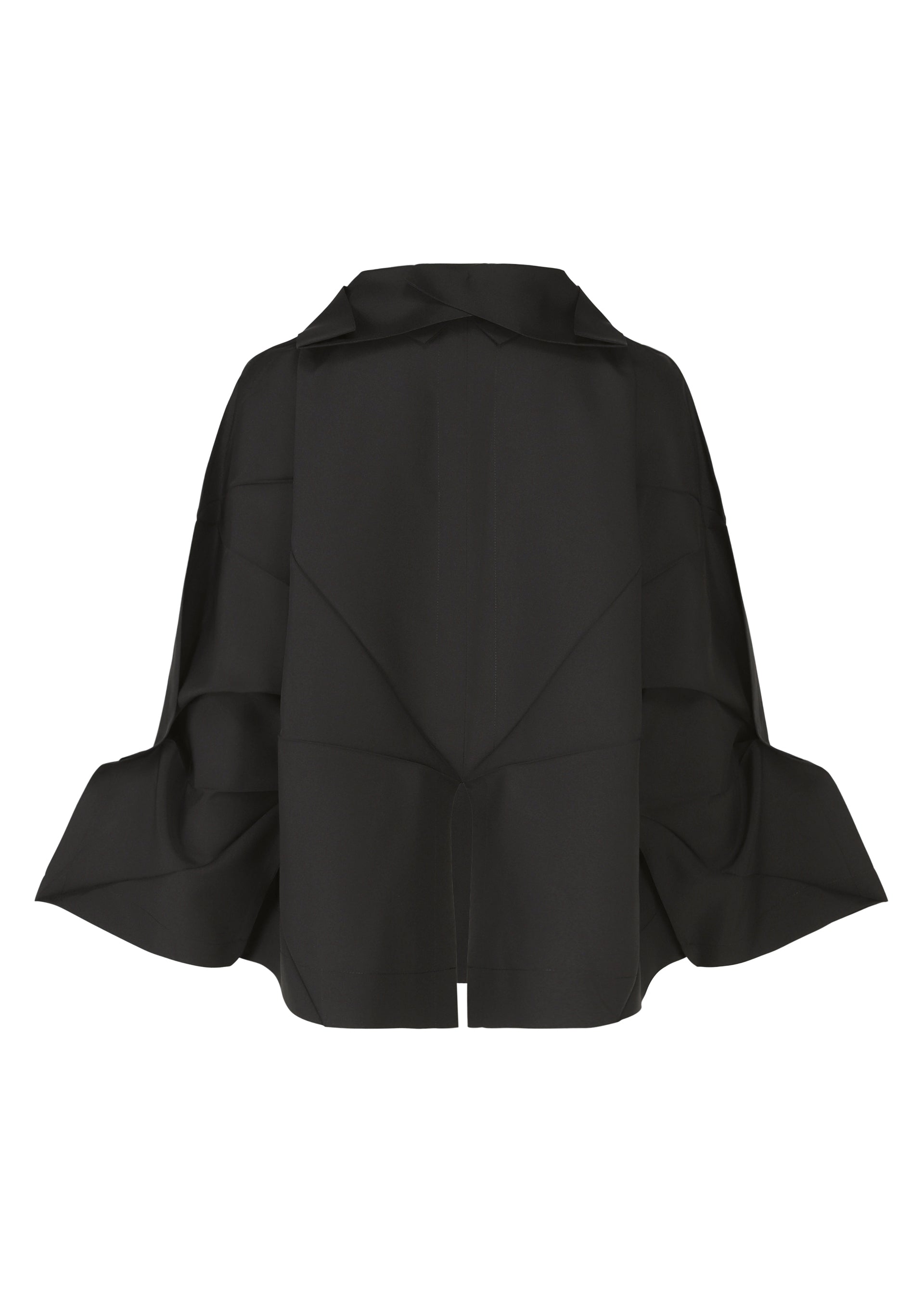 Zoomed view The F-SH-1 by 132 5. ISSEY MIYAKE is a black, structured oversized cape with wide angular sleeves and a high collar, crafted from stiff recycled polyester for a sculptural, architectural effect; shown against a white background.