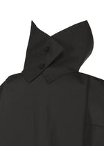 Close-up of the F-SH-1 black coat collar by 132 5. ISSEY MIYAKE, featuring two black buttons, stylishly paired with a black or white shirt.