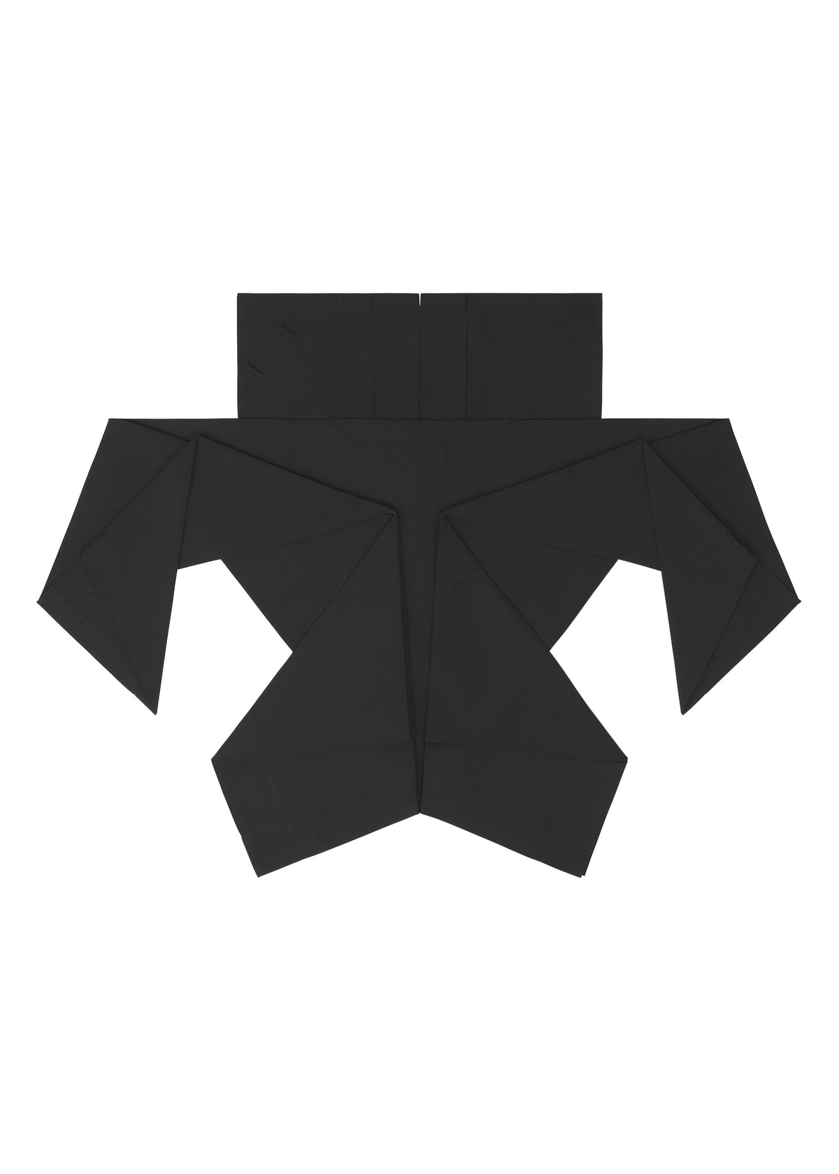 The F-SH-1 by 132 5. ISSEY MIYAKE is a flat, black paper shape with angular, folded sections resembling an abstract geometric design, inspired by folding technique shirt patterns and displayed on a white background. view 5 of 8