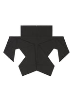 The F-SH-1 by 132 5. ISSEY MIYAKE is a flat, black paper shape with angular, folded sections resembling an abstract geometric design, inspired by folding technique shirt patterns and displayed on a white background.