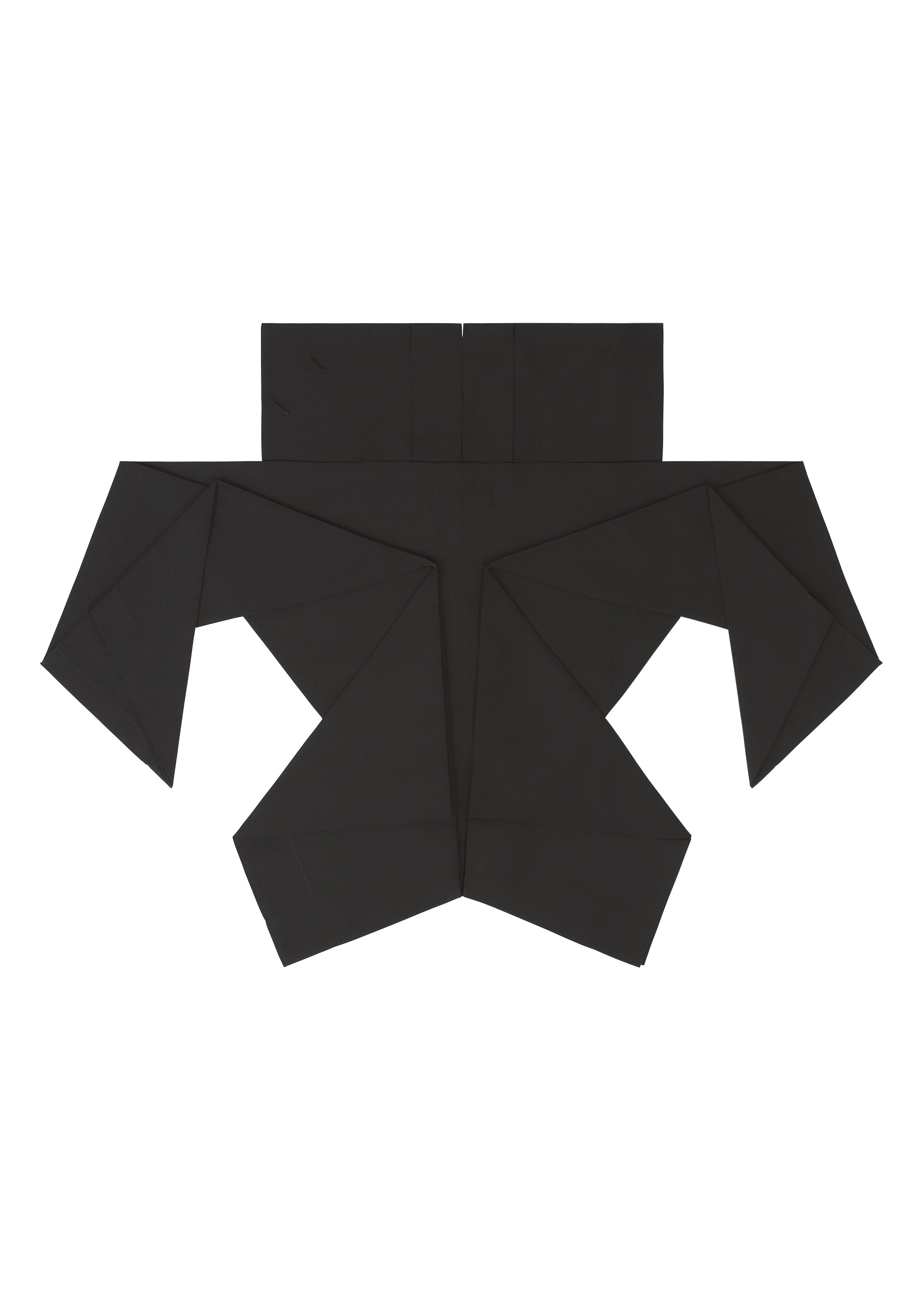 Zoomed view The F-SH-1 by 132 5. ISSEY MIYAKE is a flat, black paper shape with angular, folded sections resembling an abstract geometric design, inspired by folding technique shirt patterns and displayed on a white background.