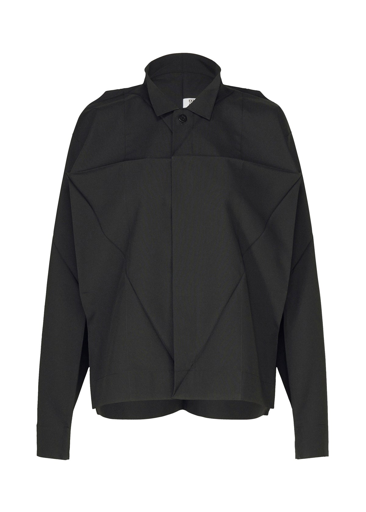 The F-SH-2 shirt from 132 5. ISSEY MIYAKE features a black long-sleeve button-up design with an oversized, boxy fit and sharp geometric folds on the front—crafted using a precise folding technique—that give this standing collar piece its modern, structured appearance. view 2 of 12
