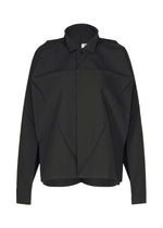 The F-SH-2 shirt from 132 5. ISSEY MIYAKE features a black long-sleeve button-up design with an oversized, boxy fit and sharp geometric folds on the front—crafted using a precise folding technique—that give this standing collar piece its modern, structured appearance. - BLACK （no.15）