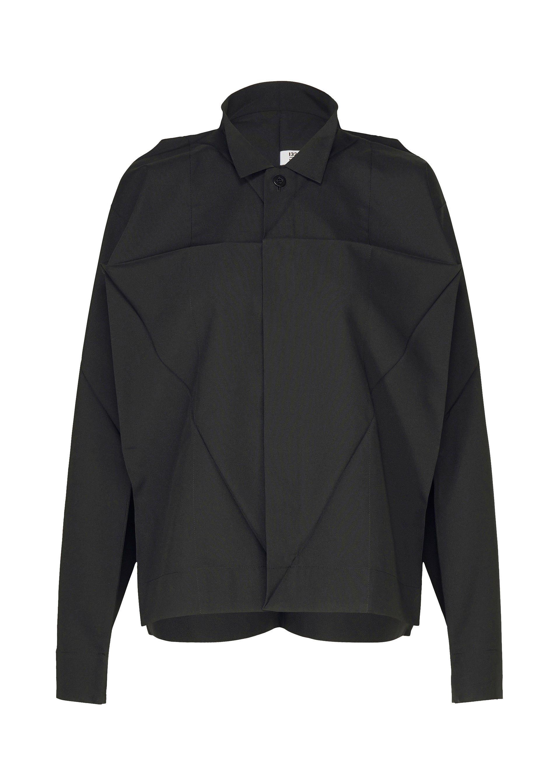 Zoomed view The F-SH-2 shirt from 132 5. ISSEY MIYAKE features a black long-sleeve button-up design with an oversized, boxy fit and sharp geometric folds on the front—crafted using a precise folding technique—that give this standing collar piece its modern, structured appearance. - BLACK （no.15）