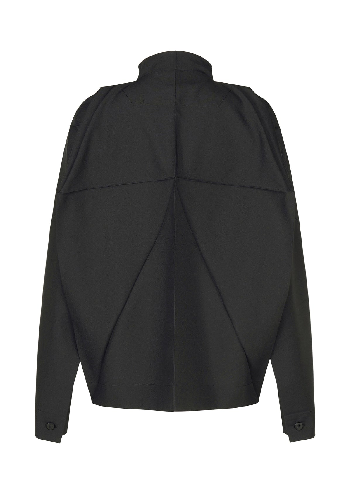 The F-SH-2 by 132 5. ISSEY MIYAKE is a black, long-sleeved jacket showcased from the back, distinguished by a high collar inspired by standing collar shirts, buttoned cuffs, and sharp angular seam details that impart a structured, geometric look. Expertly crafted from recycled polyester shirt material, it offers a contemporary and sustainable approach to modern fashion. view 3 of 12