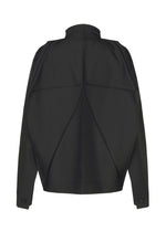 The F-SH-2 by 132 5. ISSEY MIYAKE is a black, long-sleeved jacket showcased from the back, distinguished by a high collar inspired by standing collar shirts, buttoned cuffs, and sharp angular seam details that impart a structured, geometric look. Expertly crafted from recycled polyester shirt material, it offers a contemporary and sustainable approach to modern fashion.