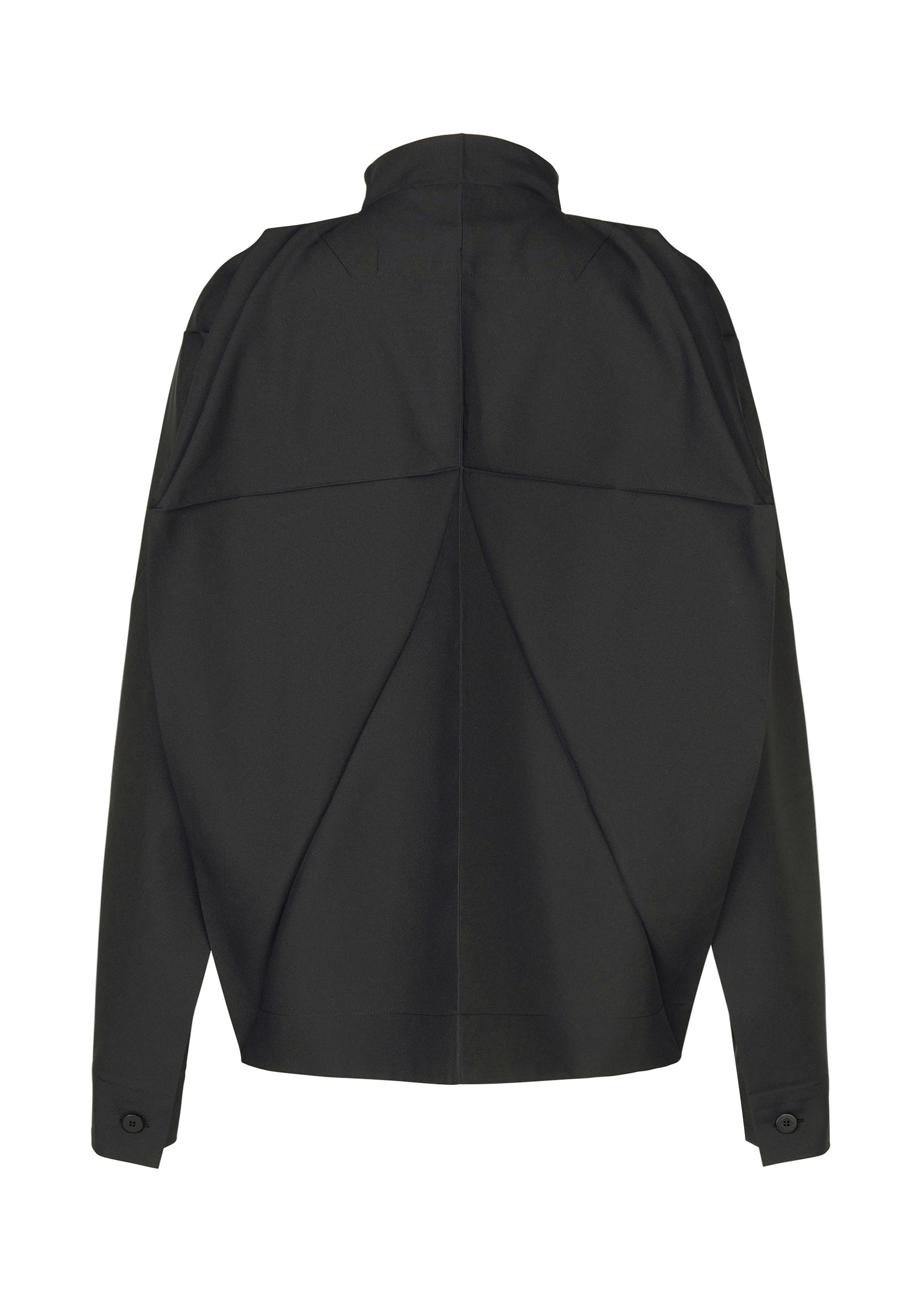 Zoomed view The F-SH-2 by 132 5. ISSEY MIYAKE is a black, long-sleeved jacket showcased from the back, distinguished by a high collar inspired by standing collar shirts, buttoned cuffs, and sharp angular seam details that impart a structured, geometric look. Expertly crafted from recycled polyester shirt material, it offers a contemporary and sustainable approach to modern fashion.