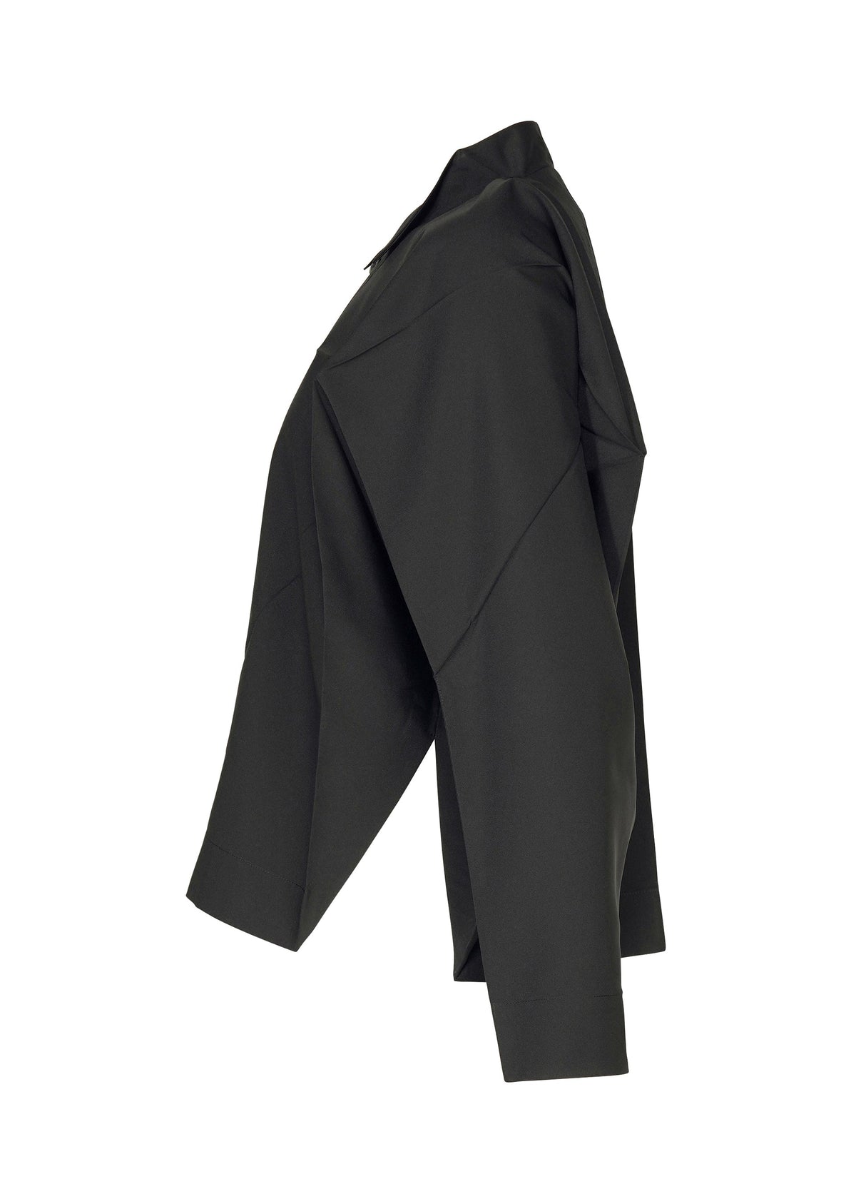 Side view of the 132 5. ISSEY MIYAKE F-SH-2 jacket in black, featuring long sleeves, a wide, structured fit, and angular shoulders that echo the crisp lines of folding techniques—presented against a plain white background. view 4 of 12