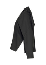 Side view of the 132 5. ISSEY MIYAKE F-SH-2 jacket in black, featuring long sleeves, a wide, structured fit, and angular shoulders that echo the crisp lines of folding techniques—presented against a plain white background.