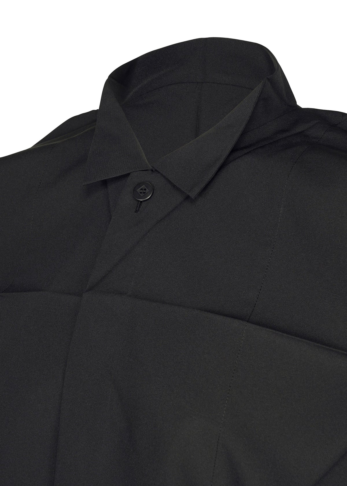 Close-up of the F-SH-2 shirt by 132 5. ISSEY MIYAKE, featuring a black standing collar, a single visible button, and crisp, structured fabric. The shirt appears neatly pressed and formal. view 5 of 12
