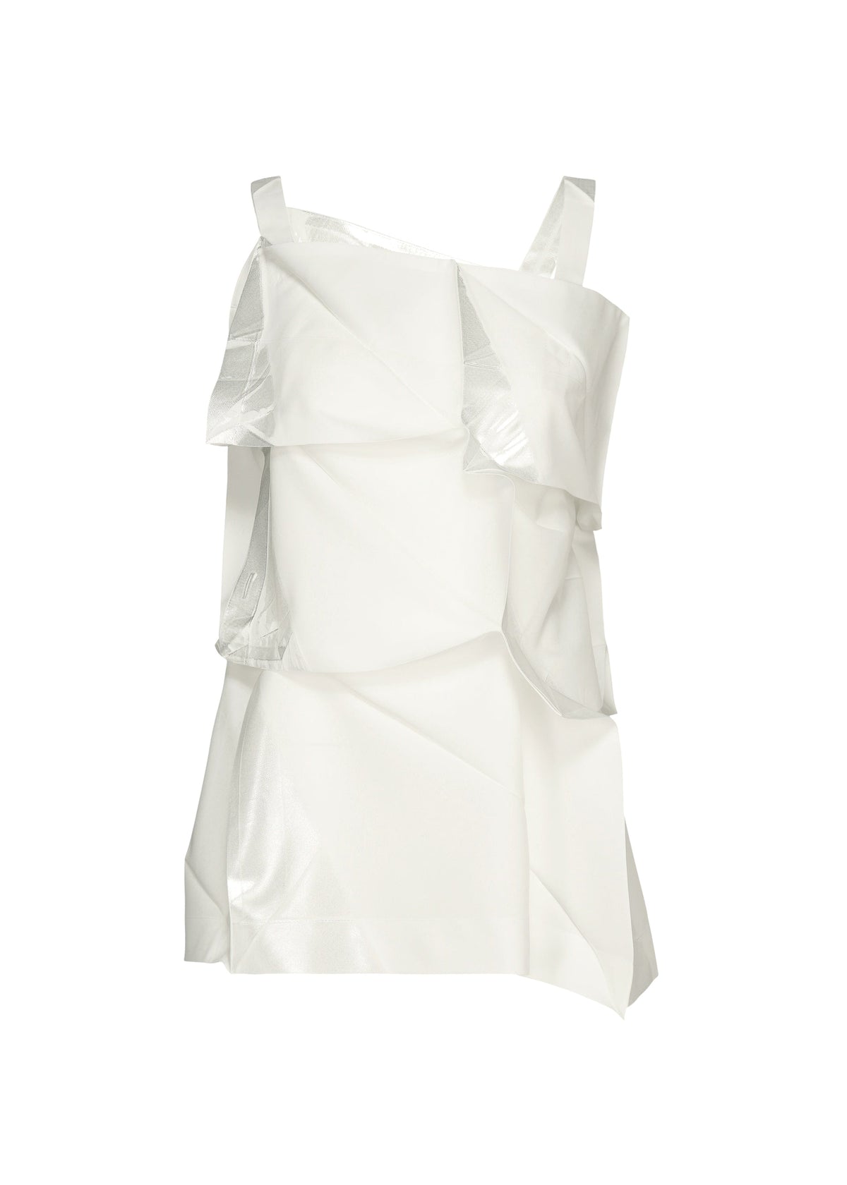 No.1-1 by 132 5. ISSEY MIYAKE is a white asymmetrical sleeveless top in recycled polyester, featuring layered and folded fabric for a modern, sculptural pyramid silhouette against a plain white background. view 1 of 10