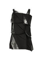 No.1-1 by 132 5. ISSEY MIYAKE: A sleeveless black recycled polyester top with an asymmetrical, layered design, metallic silver accents, and angular folds for a modern pyramid silhouette. Shown on a white background. - BLACK×SILVER （no.91）