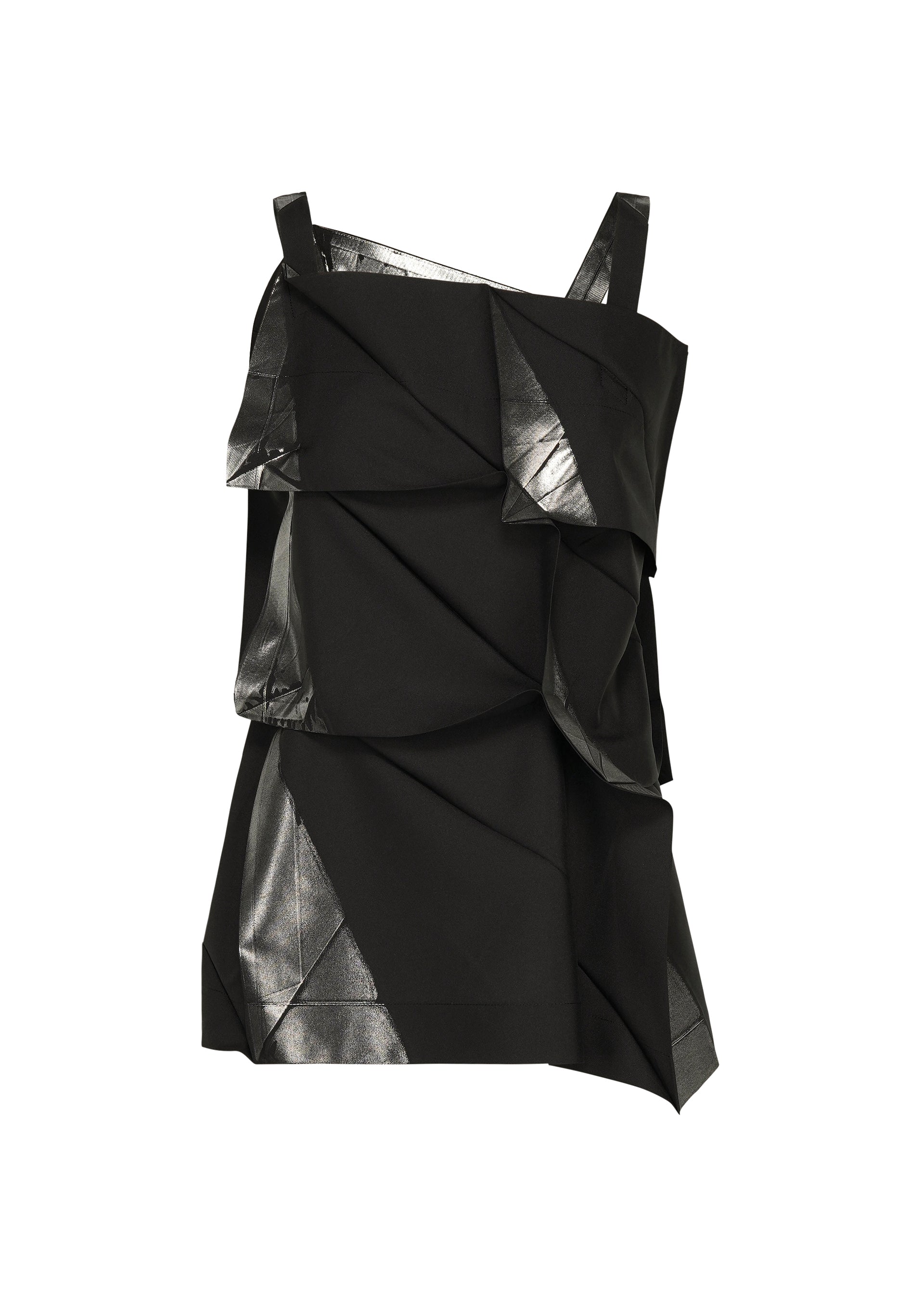 Zoomed view No.1-1 by 132 5. ISSEY MIYAKE: A sleeveless black recycled polyester top with an asymmetrical, layered design, metallic silver accents, and angular folds for a modern pyramid silhouette. Shown on a white background. - BLACK×SILVER （no.91）
