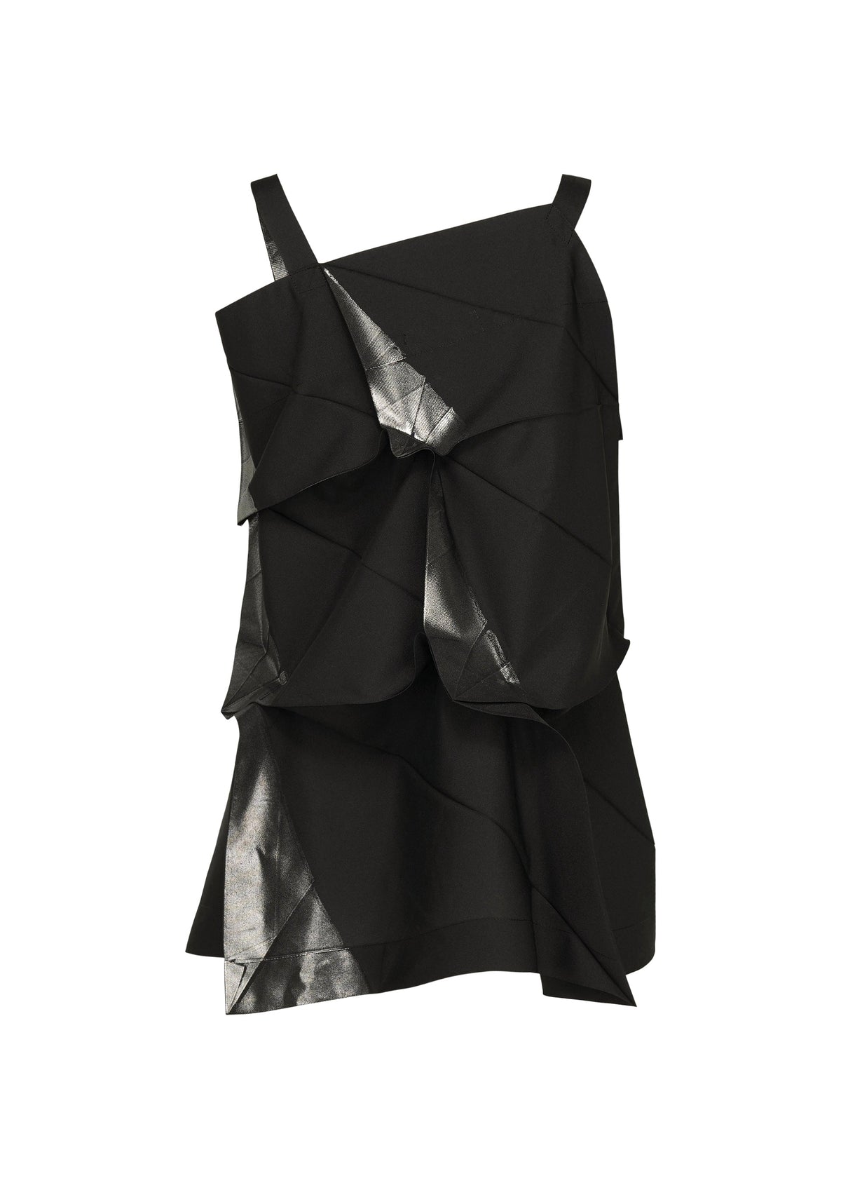 The No.1-1 top by 132 5. ISSEY MIYAKE is a black, sleeveless, recycled polyester piece with an asymmetrical pyramid shape, layered folded design, and shiny metallic accents on some folds, shown against a plain white background. view 3 of 10