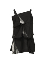 The No.1-1 top by 132 5. ISSEY MIYAKE is a black, sleeveless, recycled polyester piece with an asymmetrical pyramid shape, layered folded design, and shiny metallic accents on some folds, shown against a plain white background.