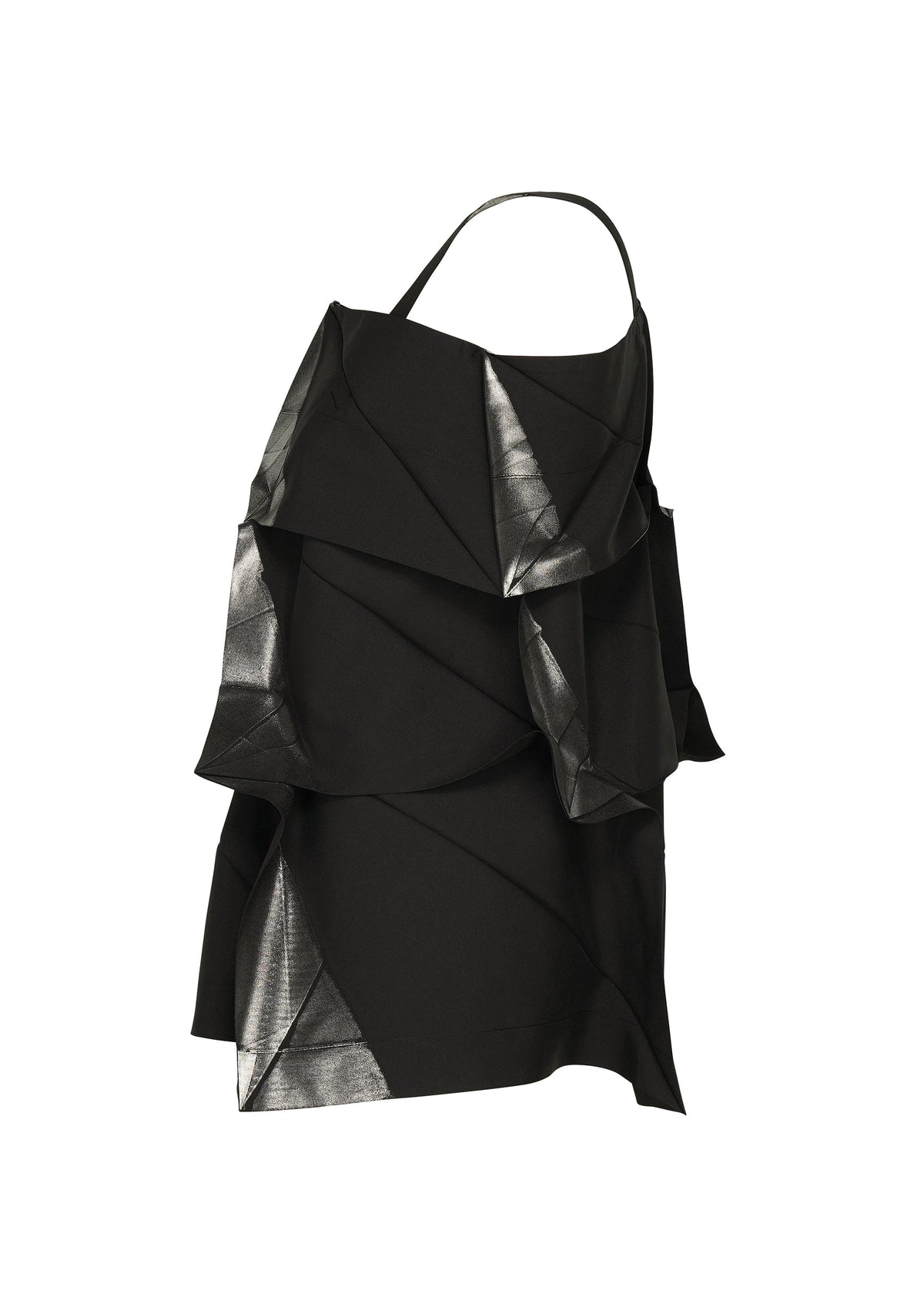 No.1-1 by 132 5. ISSEY MIYAKE: a black sleeveless recycled polyester top with asymmetrical layered ruffles and shiny silver-edged accents in a pyramid silhouette, shown on a plain white background. view 4 of 10