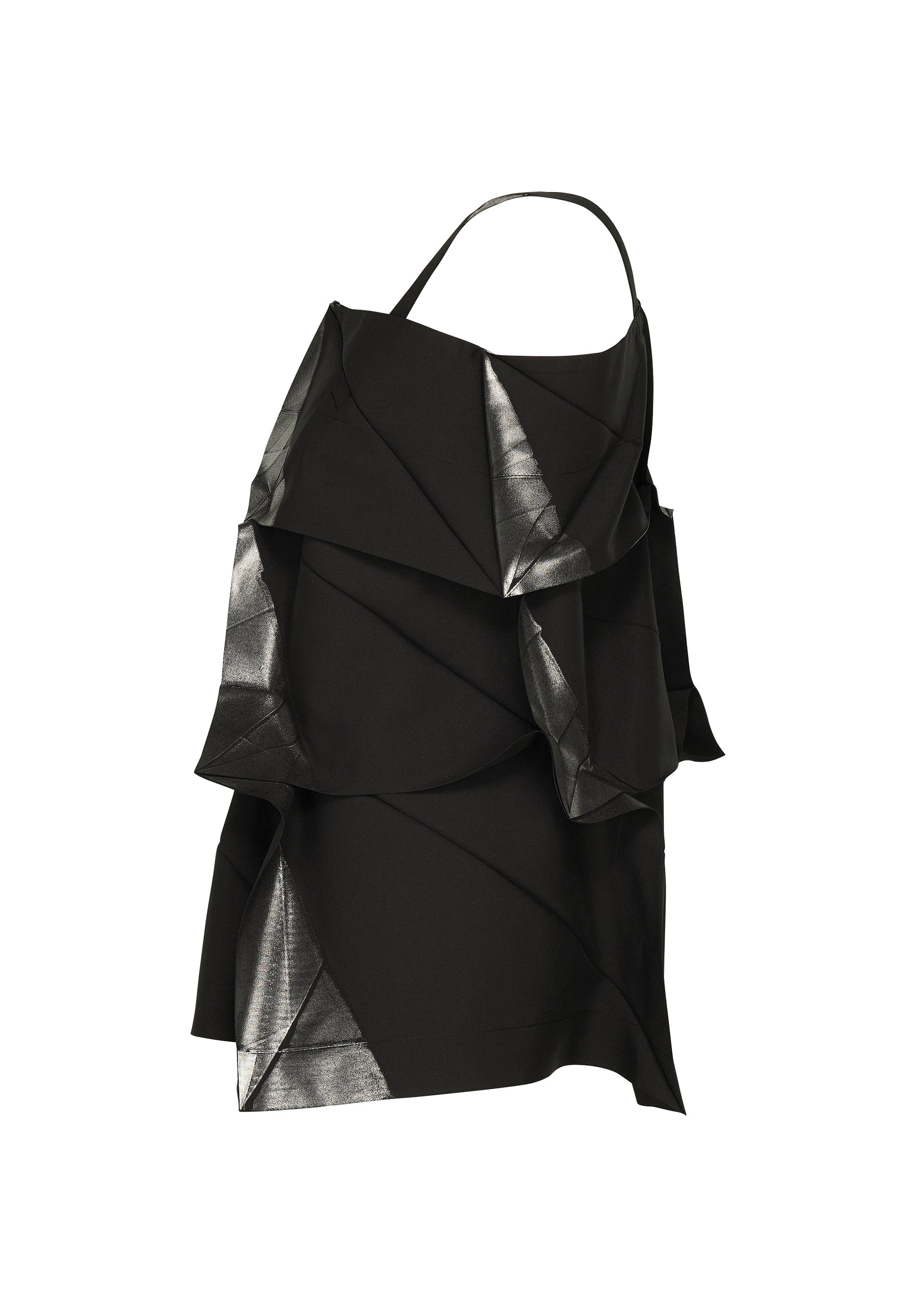 Zoomed view No.1-1 by 132 5. ISSEY MIYAKE: a black sleeveless recycled polyester top with asymmetrical layered ruffles and shiny silver-edged accents in a pyramid silhouette, shown on a plain white background.
