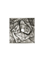 No.1-1 by 132 5. ISSEY MIYAKE: An abstract black and white artwork with overlapping rectangles and triangles, a central square cutout, and a dark ribbon form draped across the geometric pyramid-inspired composition.