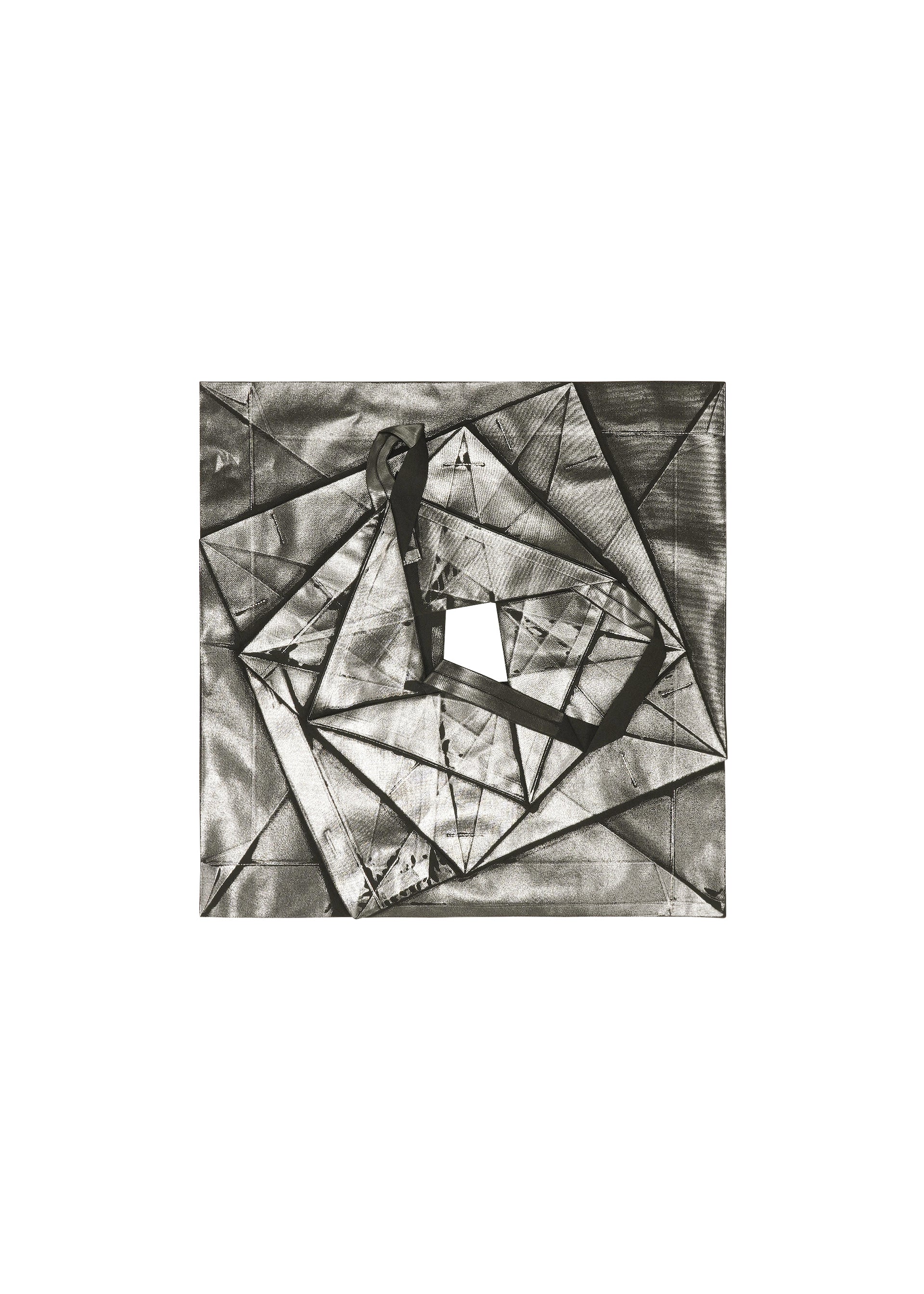 Zoomed view No.1-1 by 132 5. ISSEY MIYAKE: An abstract black and white artwork with overlapping rectangles and triangles, a central square cutout, and a dark ribbon form draped across the geometric pyramid-inspired composition.