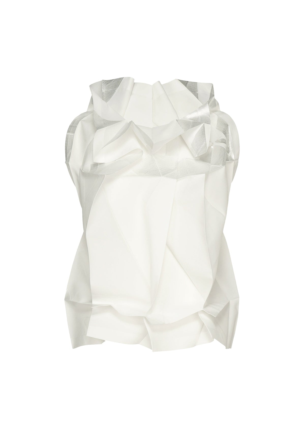The No.10-1 by 132 5. ISSEY MIYAKE is a white, sleeveless, foldable garment with a sculptural, origami-inspired design featuring angular layers and a high neckline, crafted from recycled polyester and shown on a plain white background. view 1 of 8